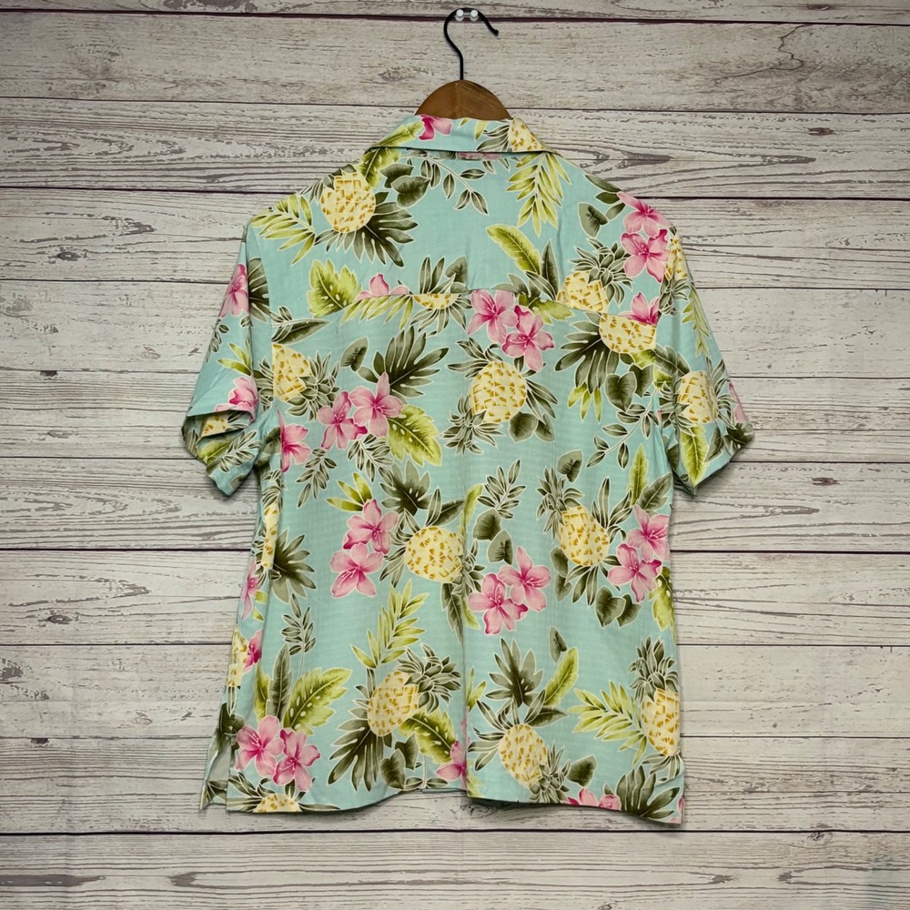 Silks‎ by Bill Blass 100% Silk Pineapple Hibiscus Tropical Shirt Blue Large - Picture 4 of 5